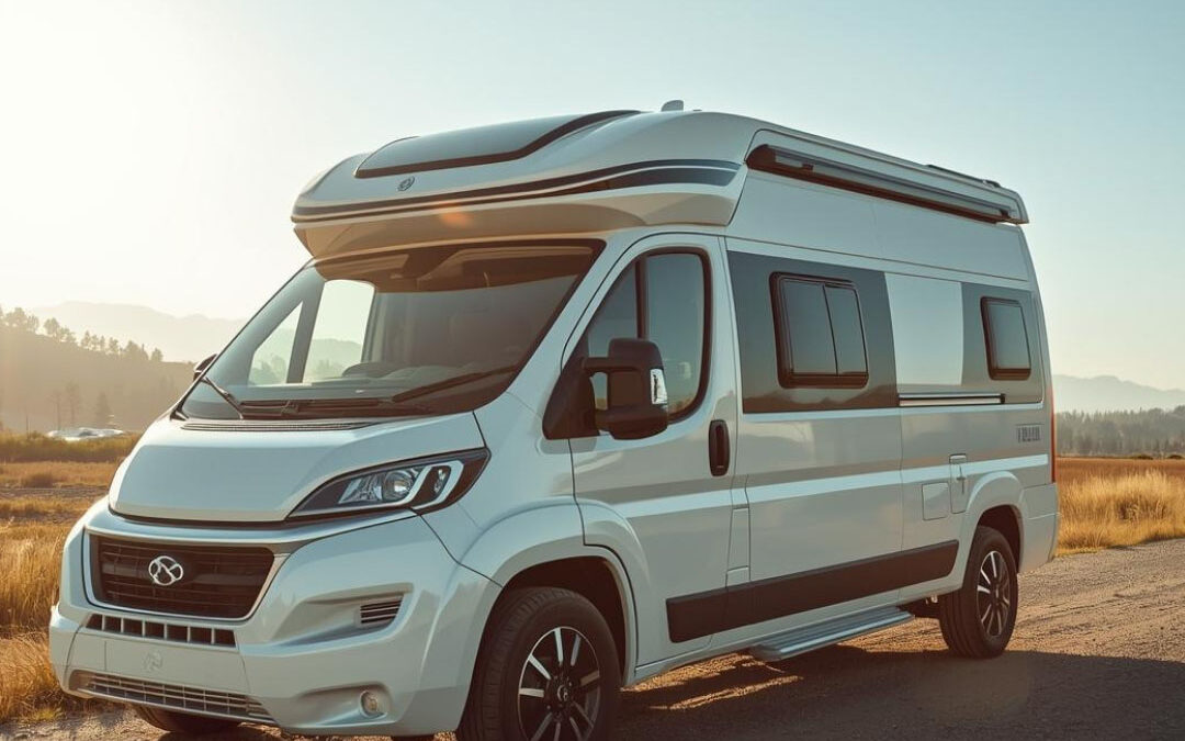 A modern white camper van parked on a dirt road alongside a golden field, illuminated by the warm glow of the setting sun with distant mountains in the background - www.imperialnebraskainsurance.com
